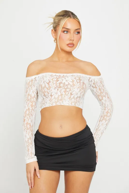 White Sheer Lace Off Shoulder Long Sleeve Crop Top sold by Nothingbutstyle