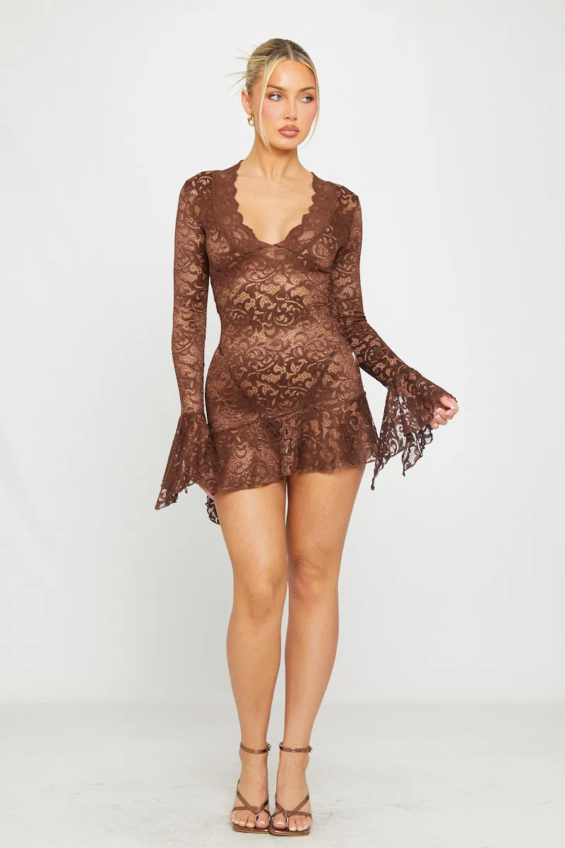 Brown Sheer Lace Plunge Flared Sleeve Mini Dress sold by Nothingbutstyle product image thumbnail 4