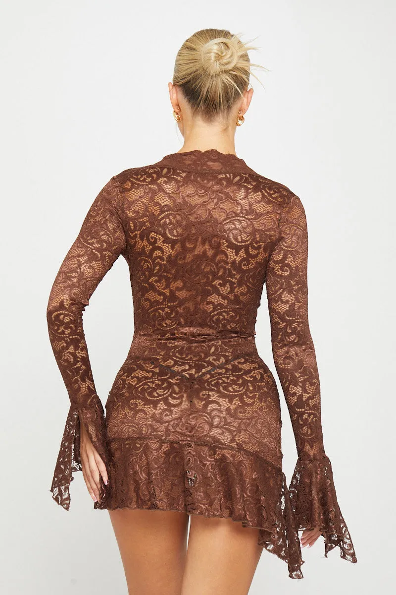 Brown Sheer Lace Plunge Flared Sleeve Mini Dress sold by Nothingbutstyle product image thumbnail 2