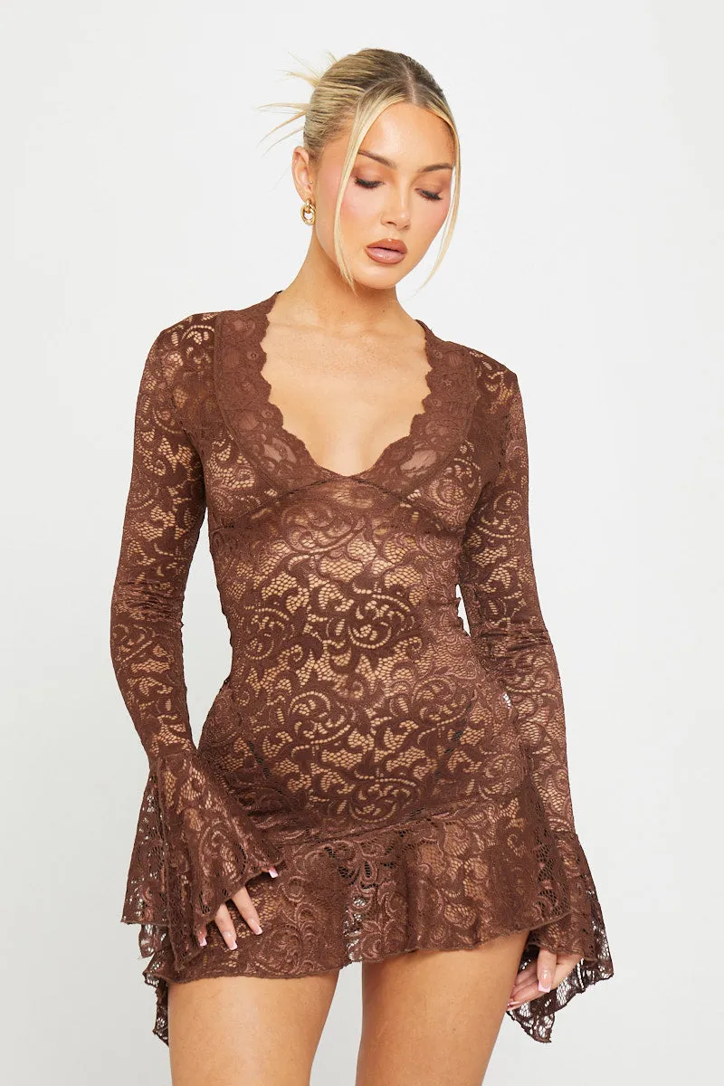Brown Sheer Lace Plunge Flared Sleeve Mini Dress sold by Nothingbutstyle