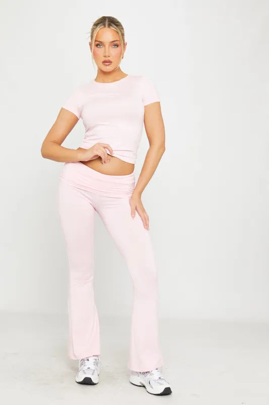 Pink Fold Over Flared Leggings & Short Sleeve Top Co-Ord sold by Nothingbutstyle
