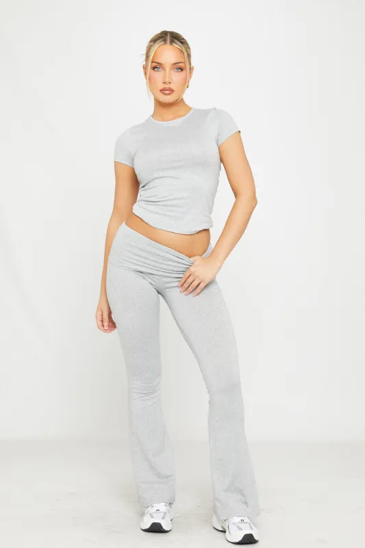 Light Grey Fold Over Flared Leggings & Short Sleeve Top Co-Ord sold by Nothingbutstyle