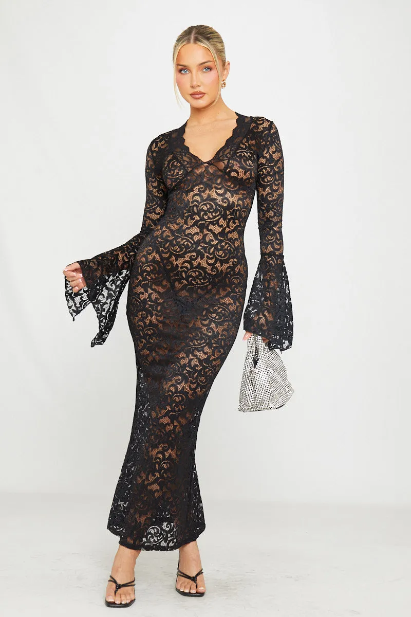 Black Sheer Lace Plunge Flared Sleeve Maxi Dress sold by Nothingbutstyle