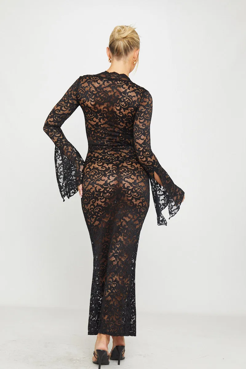 Black Sheer Lace Plunge Flared Sleeve Maxi Dress sold by Nothingbutstyle product image thumbnail 4