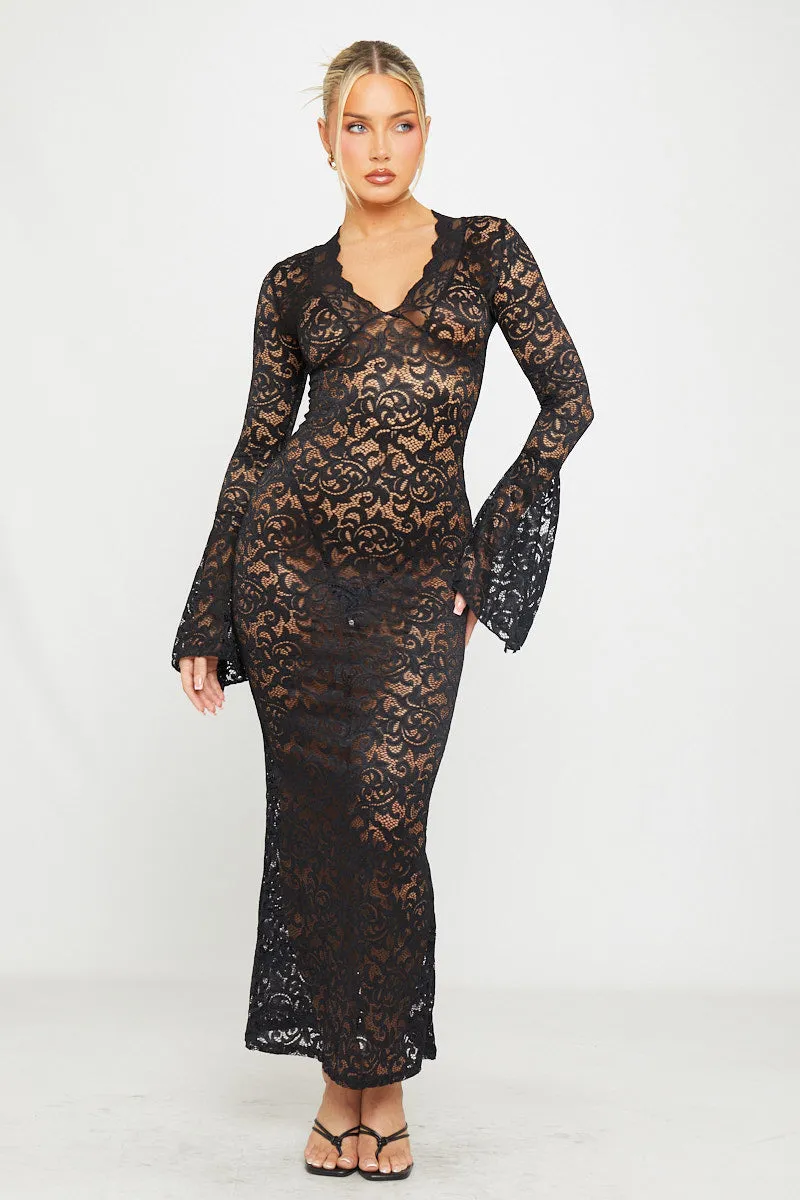 Black Sheer Lace Plunge Flared Sleeve Maxi Dress sold by Nothingbutstyle product image thumbnail 2