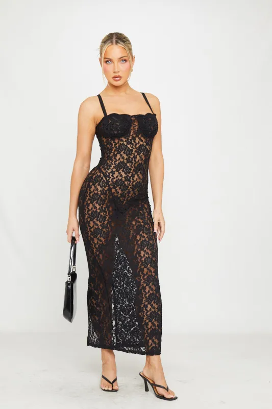 Black Sheer Lace Bustier Strappy Bodycon Maxi Dress sold by Nothingbutstyle