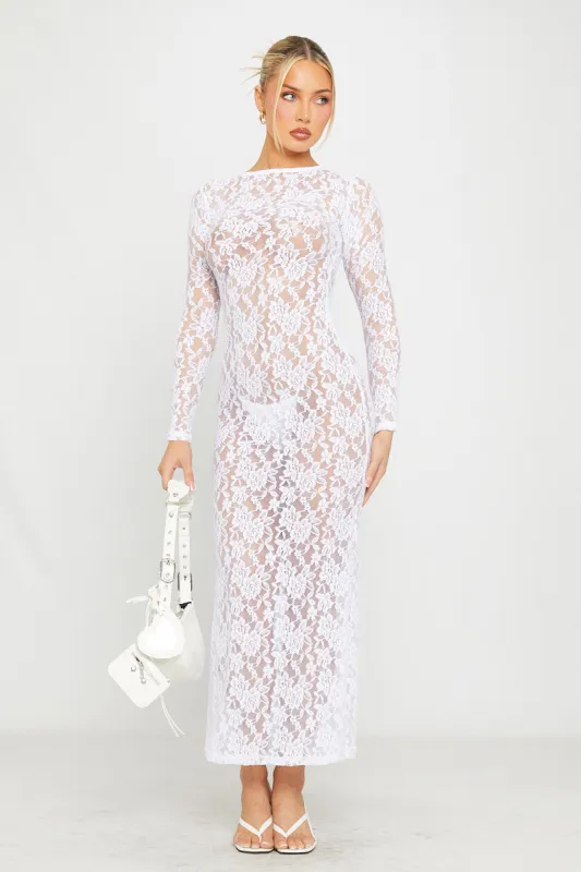 White Sheer Lace Long Sleeve Bodycon Maxi Dress sold by Nothingbutstyle