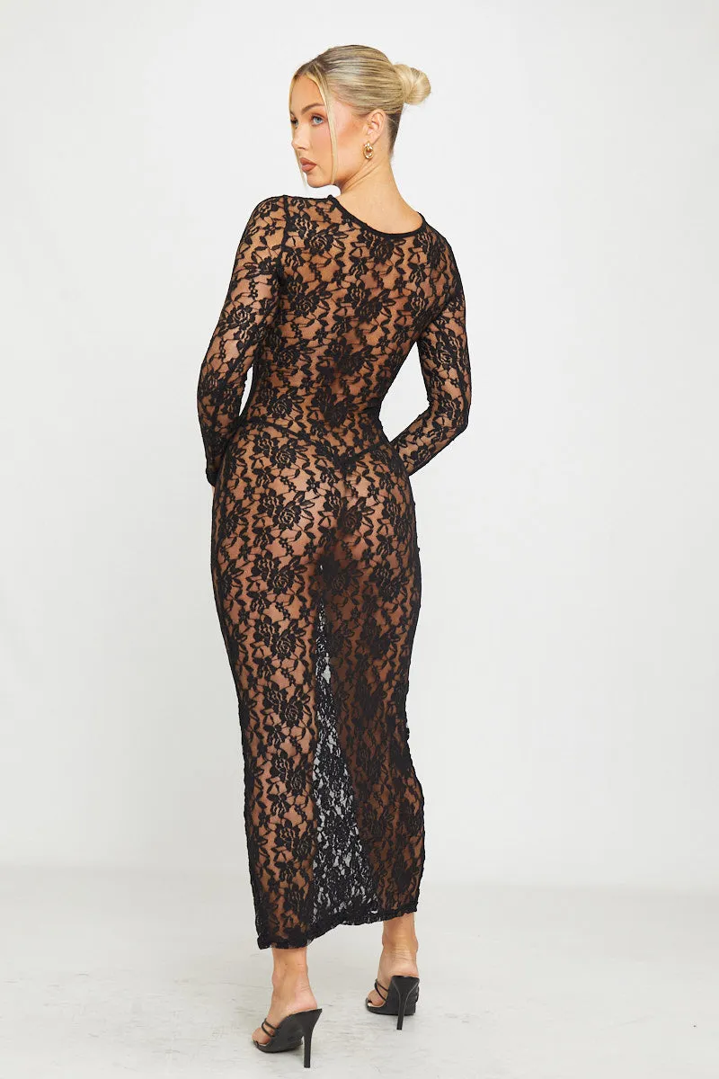 Black Sheer Lace Long Sleeve Bodycon Maxi Dress sold by Nothingbutstyle product image thumbnail 2