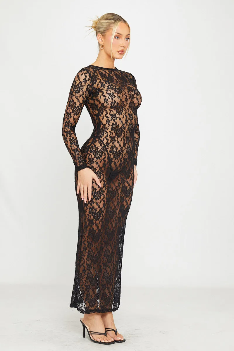 Black Sheer Lace Long Sleeve Bodycon Maxi Dress sold by Nothingbutstyle product image thumbnail 4