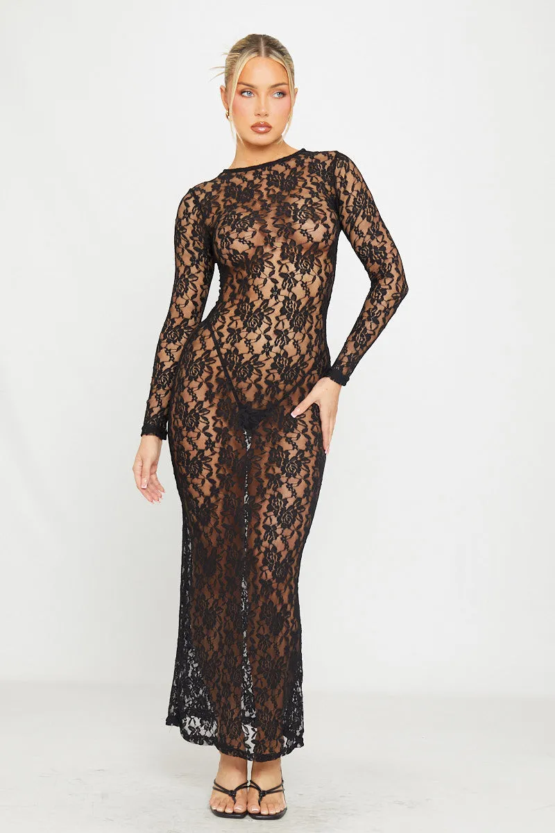 Black Sheer Lace Long Sleeve Bodycon Maxi Dress sold by Nothingbutstyle product image thumbnail 3