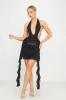 Black Sheer Mesh Plunge Halter Ruffle Mini Dress sold by Nothingbutstyle
