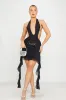 Black Sheer Mesh Plunge Halter Ruffle Mini Dress sold by Nothingbutstyle