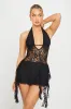 Black Sheer Lace Plunge Ruffle Halter Mini Dress sold by Nothingbutstyle