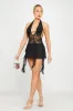 Black Sheer Lace Plunge Ruffle Halter Mini Dress sold by Nothingbutstyle