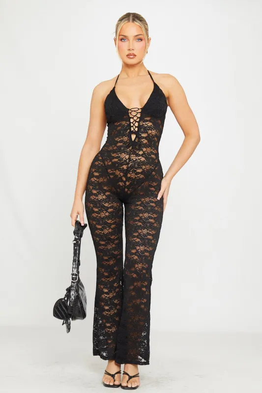 Black Sheer Lace Plunge Tie Front Flared Jumpsuit sold by Nothingbutstyle