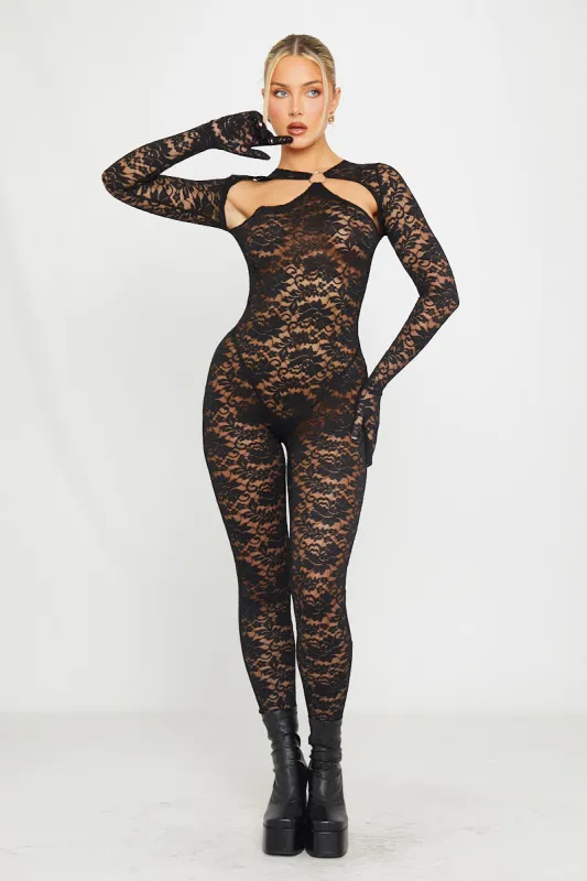 Black Sheer Lace Cut Out Jumpsuit With Gloves sold by Nothingbutstyle