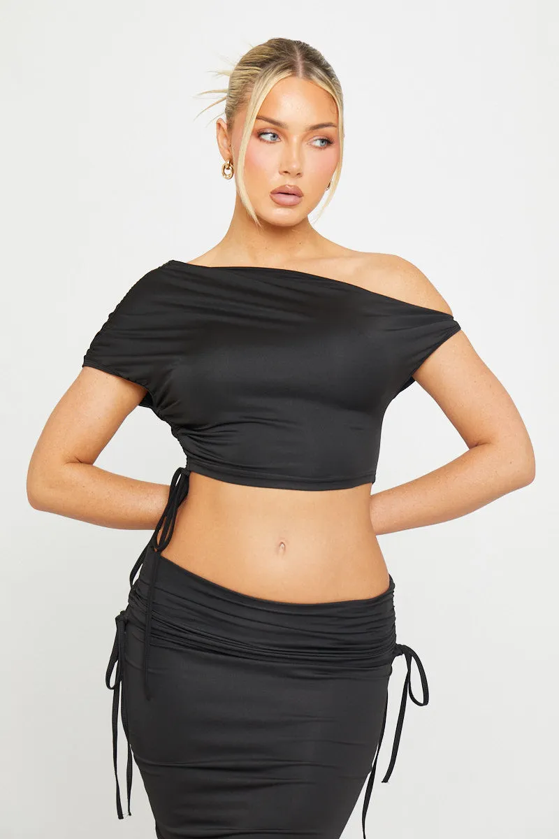 Black One Shoulder Ruched Crop Top & Fold Over Maxi Skirt sold by Nothingbutstyle product image thumbnail 2