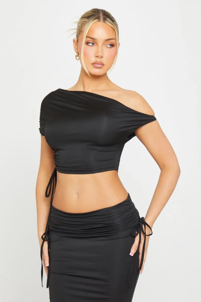 Black One Shoulder Ruched Crop Top & Fold Over Maxi Skirt sold by Nothingbutstyle product image thumbnail 3