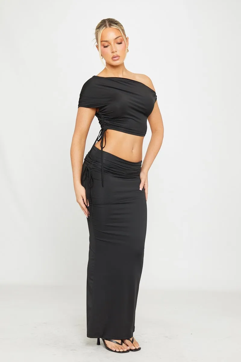 Black One Shoulder Ruched Crop Top & Fold Over Maxi Skirt sold by Nothingbutstyle product image thumbnail 4
