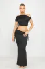 Black One Shoulder Ruched Crop Top & Fold Over Maxi Skirt sold by Nothingbutstyle