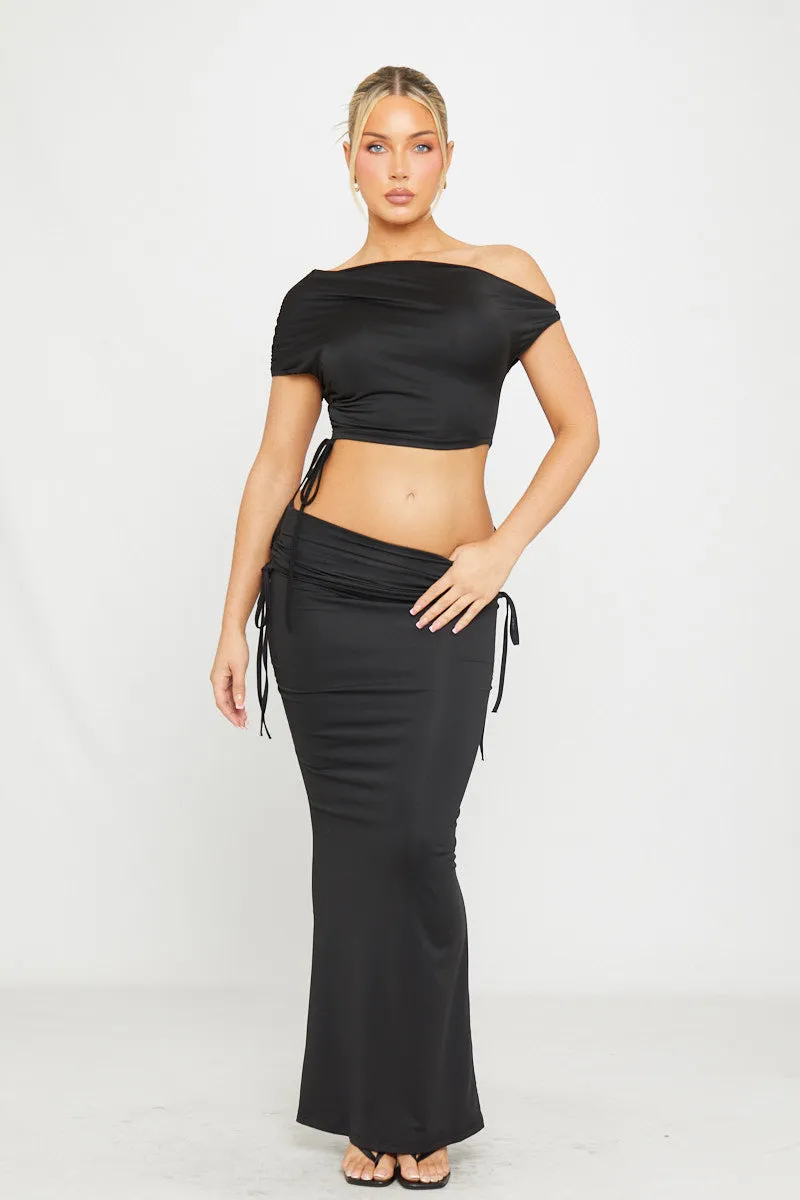 Black One Shoulder Ruched Crop Top & Fold Over Maxi Skirt sold by Nothingbutstyle