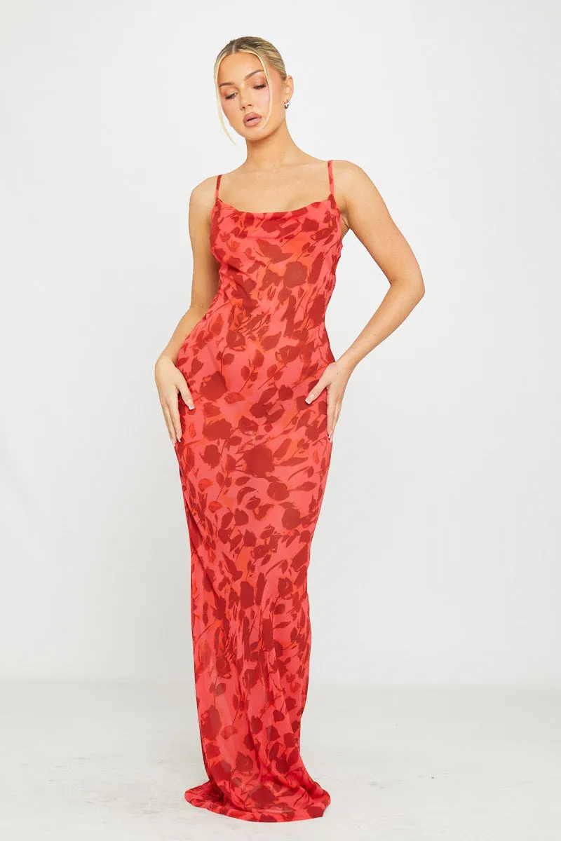 Red Floral Print Sheer Cowl Neck Tie Back Maxi Dress sold by Nothingbutstyle product image thumbnail 3