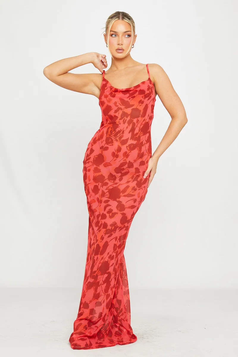 Red Floral Print Sheer Cowl Neck Tie Back Maxi Dress sold by Nothingbutstyle product image thumbnail 2