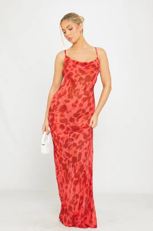 Red Floral Print Sheer Cowl Neck Tie Back Maxi Dress sold by Nothingbutstyle