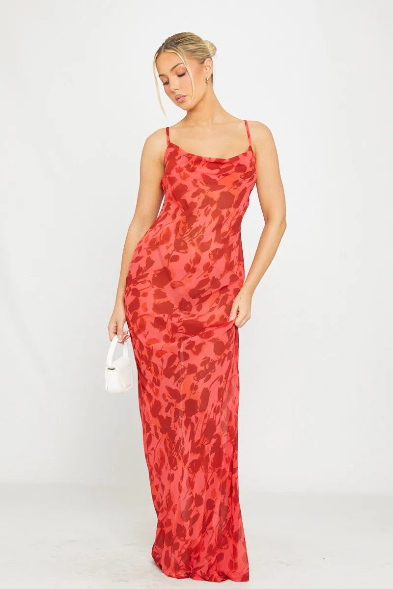 Red Floral Print Sheer Cowl Neck Tie Back Maxi Dress sold by Nothingbutstyle