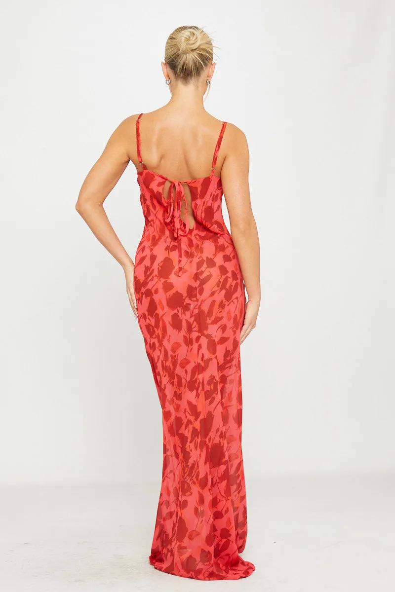 Red Floral Print Sheer Cowl Neck Tie Back Maxi Dress sold by Nothingbutstyle product image thumbnail 4