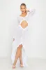White Plunge Mesh Ruffle Ruched Cut Out Maxi Dress sold by Nothingbutstyle