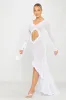 White Plunge Mesh Ruffle Ruched Cut Out Maxi Dress sold by Nothingbutstyle
