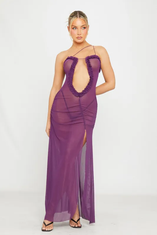 Purple Mesh Cut Out Frill Ruched Maxi Dress sold by Nothingbutstyle