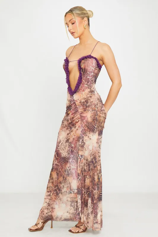 Leopard Print Mesh Cut Out Frill Ruched Maxi Dress sold by Nothingbutstyle