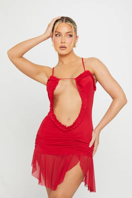 Red Mesh Cut Out Frill Detail Mini Dress sold by Nothingbutstyle