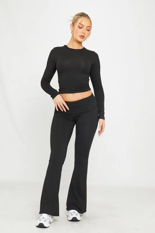 Black Fold Over Flared Leggings & Long Sleeve Top Co-Ord sold by Nothingbutstyle