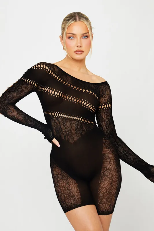 Black Mesh Cut Out Off Shoulder Playsuit sold by Nothingbutstyle