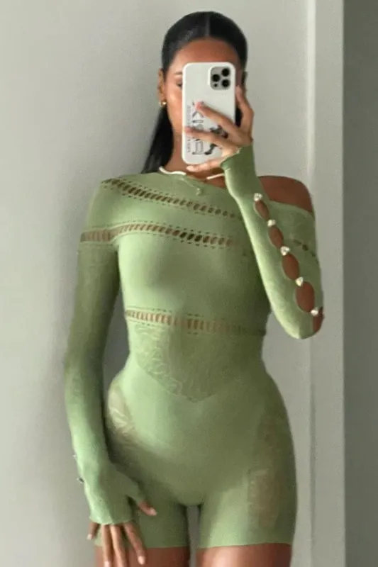 Green Mesh Cut Out Off Shoulder Playsuit sold by Nothingbutstyle
