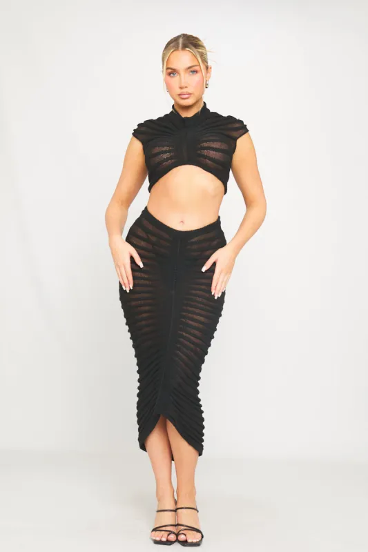 Black Semi Sheer Knit Ruched Maxi Skirt sold by Nothingbutstyle