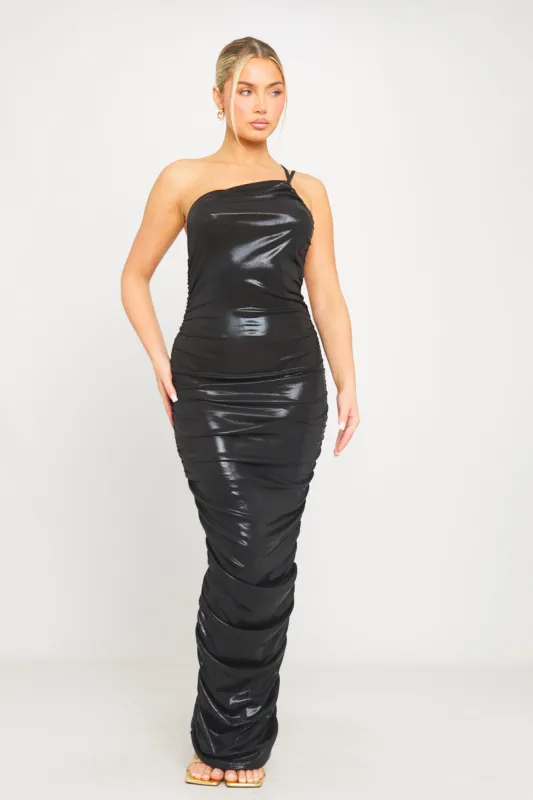 Black Metallic Ruched One Shoulder Open Back Maxi Dress sold by Nothingbutstyle