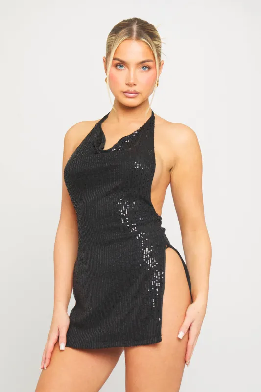 Black Sequin Detail Cowl Neck Open Back Mini Dress sold by Nothingbutstyle
