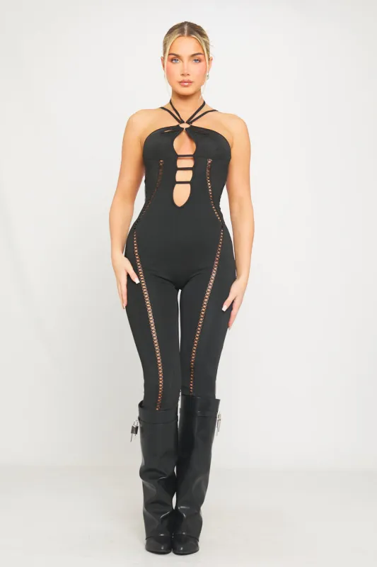 Black Mesh Cut Out Ladder Detail Halterneck Jumpsuit sold by Nothingbutstyle