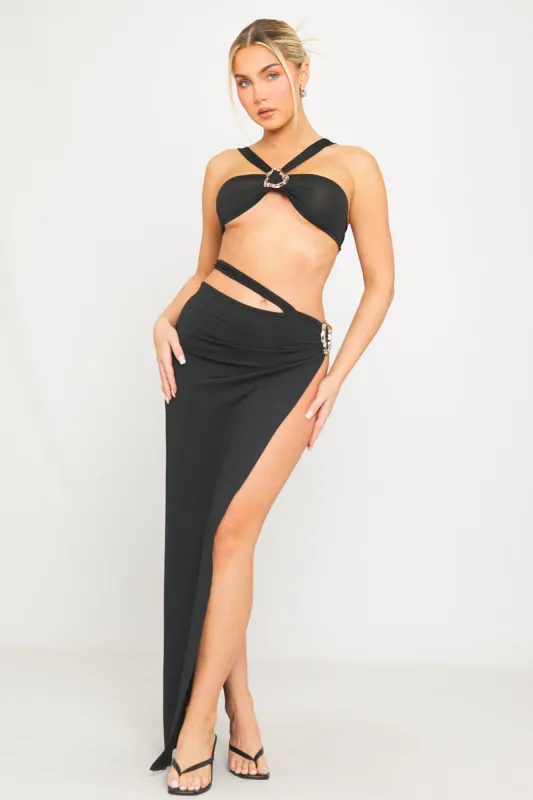 Black Embellished Cut Out Detail Top & Maxi Skirt Co-Ord made by Nothingbutstyle