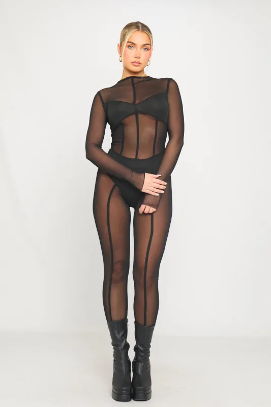 Black Sheer Mesh Seam Detail Long Sleeve Jumpsuit sold by Nothingbutstyle
