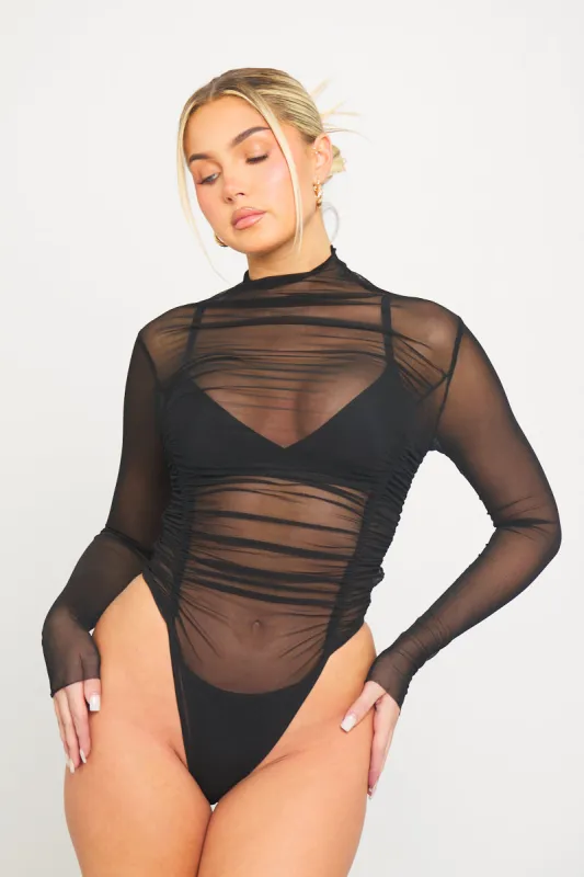 Black Sheer High Neck Ruched Long Sleeve Bodysuit sold by Nothingbutstyle