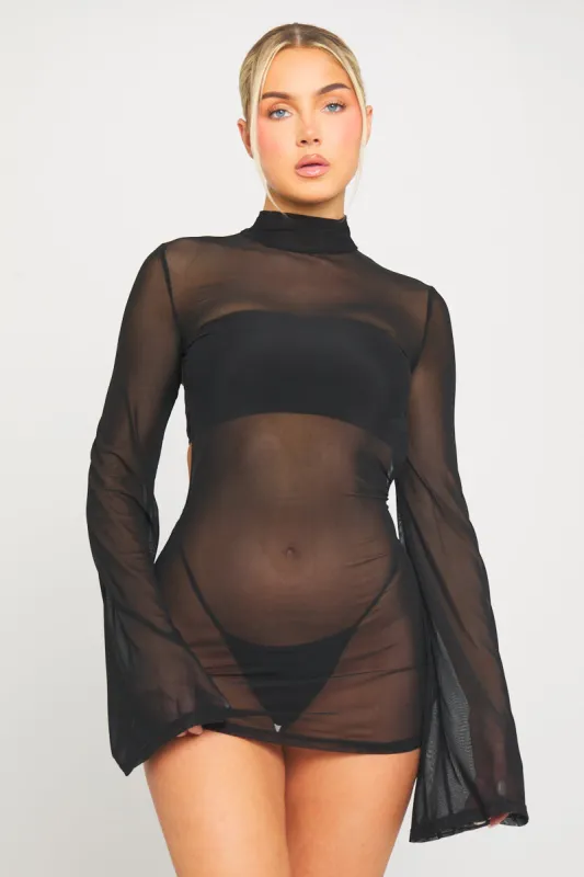Black Sheer High Neck Flare Sleeve Open Back Mini Dress sold by Nothingbutstyle