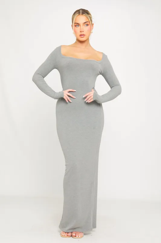 Grey Ribbed Scoop Neck Plunge Long Sleeve Maxi Dress sold by Nothingbutstyle