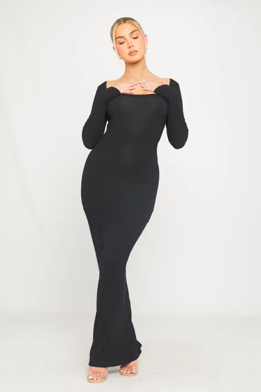 Black Ribbed Scoop Neck Plunge Long Sleeve Maxi Dress sold by Nothingbutstyle
