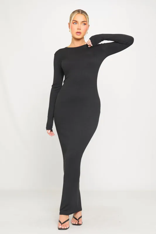 Black Ribbed Round Neck Long Sleeve Maxi Dress sold by Nothingbutstyle
