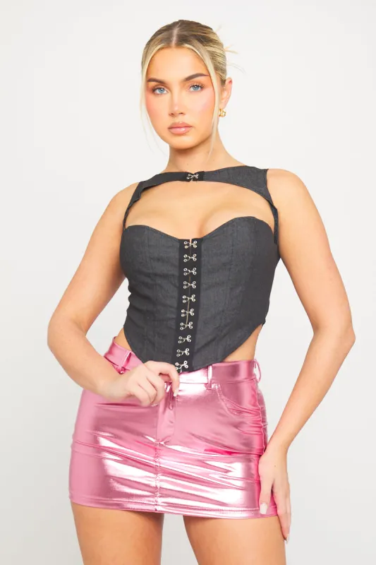 Black Denim Hook Detail Bustier High Neck Corset Top sold by Nothingbutstyle